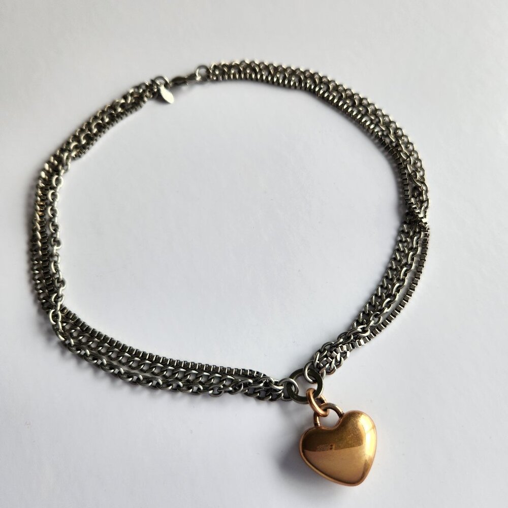 RARE Milor Stainless Steel Triple Chain Necklace with Rose Gold Heart Pendant
